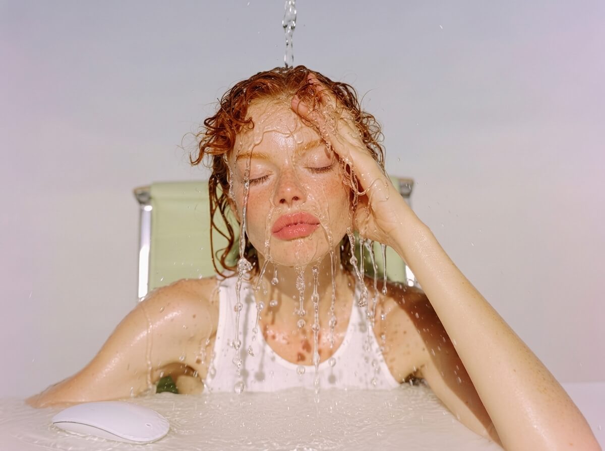 A woman with wet red hair sits in a bathtub with water running over her head, wearing a white tank top. A white computer mouse is visible on the tub's edge in the foreground.