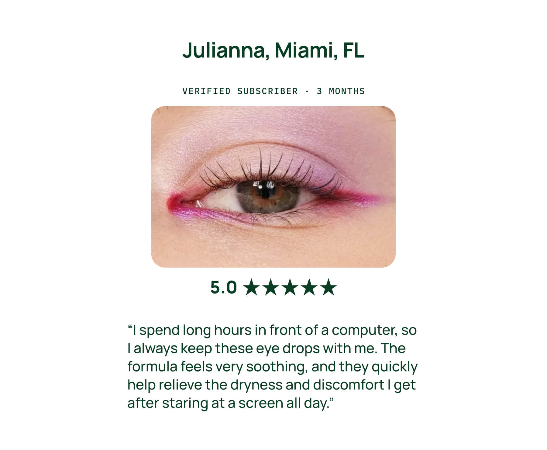 A product review card for eye drops on a white background. It shows a close-up photo of a human eye with pink eyeshadow and eyelashes, plus text reading 'Julianna, Miami, FL', 'VERIFIED SUBSCRIBER - 3 MONTHS', '5.
