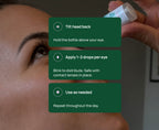 Close-up of a person holding the Moisture Oyster bottle above their eye while applying drops, with three dark green instructional text boxes overlaid on the image.