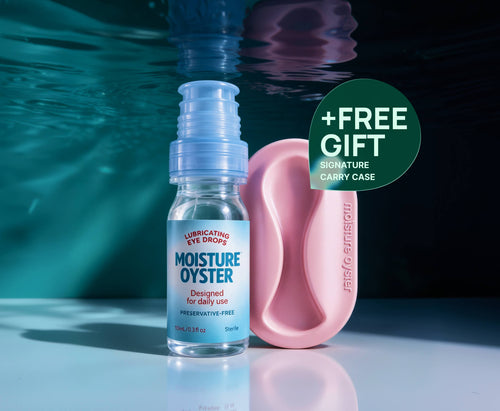 Moisture Oyster eye drops in a clear bottle with a blue cap, shown next to a pink silicone carry case and a green circular '+FREE GIFT' badge against an underwater-themed dark blue background.
