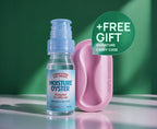 A bottle of Moisture Oyster lubricating eye drops stands next to a pink silicone carry case on a reflective white surface, with a green circular badge reading '+FREE GIFT SIGNATURE CARRY CASE' against a dark green background.